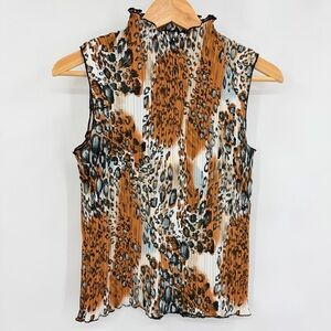 Claudia Richard’s Vintage Leopard Print Sleeveless Top Ruffle Trim Stretchy Med